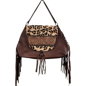 New American Darling Large Tooled Leopard Calf Hair Leather Western Boho Bag